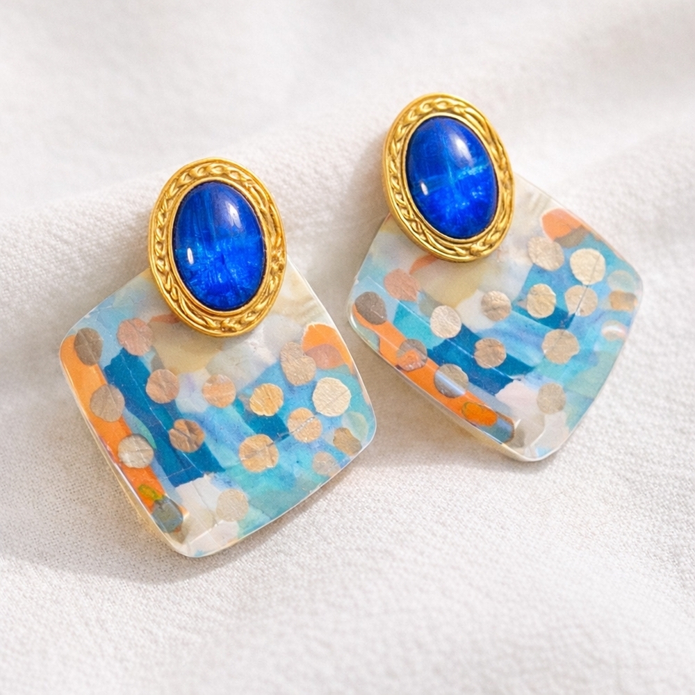 Boutique Blue Cabochon Resin Statement Earrings Gold Tone Geometric Dangle - Picture 2 of 9
